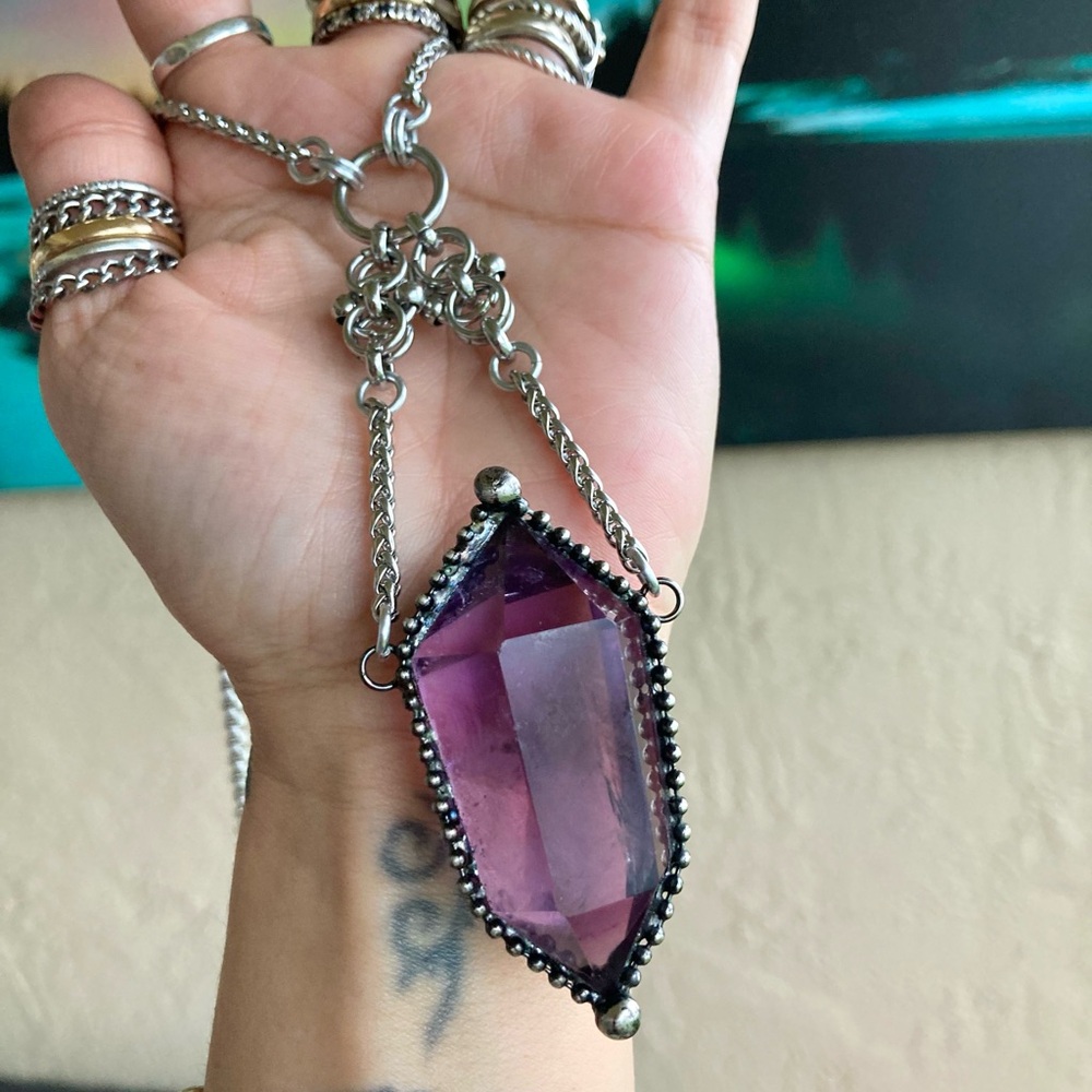 Natural big purple amethyst crystal gemstone boho goth maille steel necklace - Picture 8 of 16